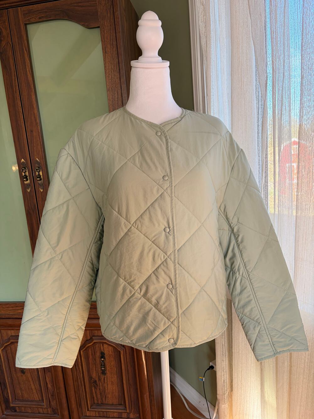 Mango Sage Green Diamond Quilted Snap Front Jacket Coat